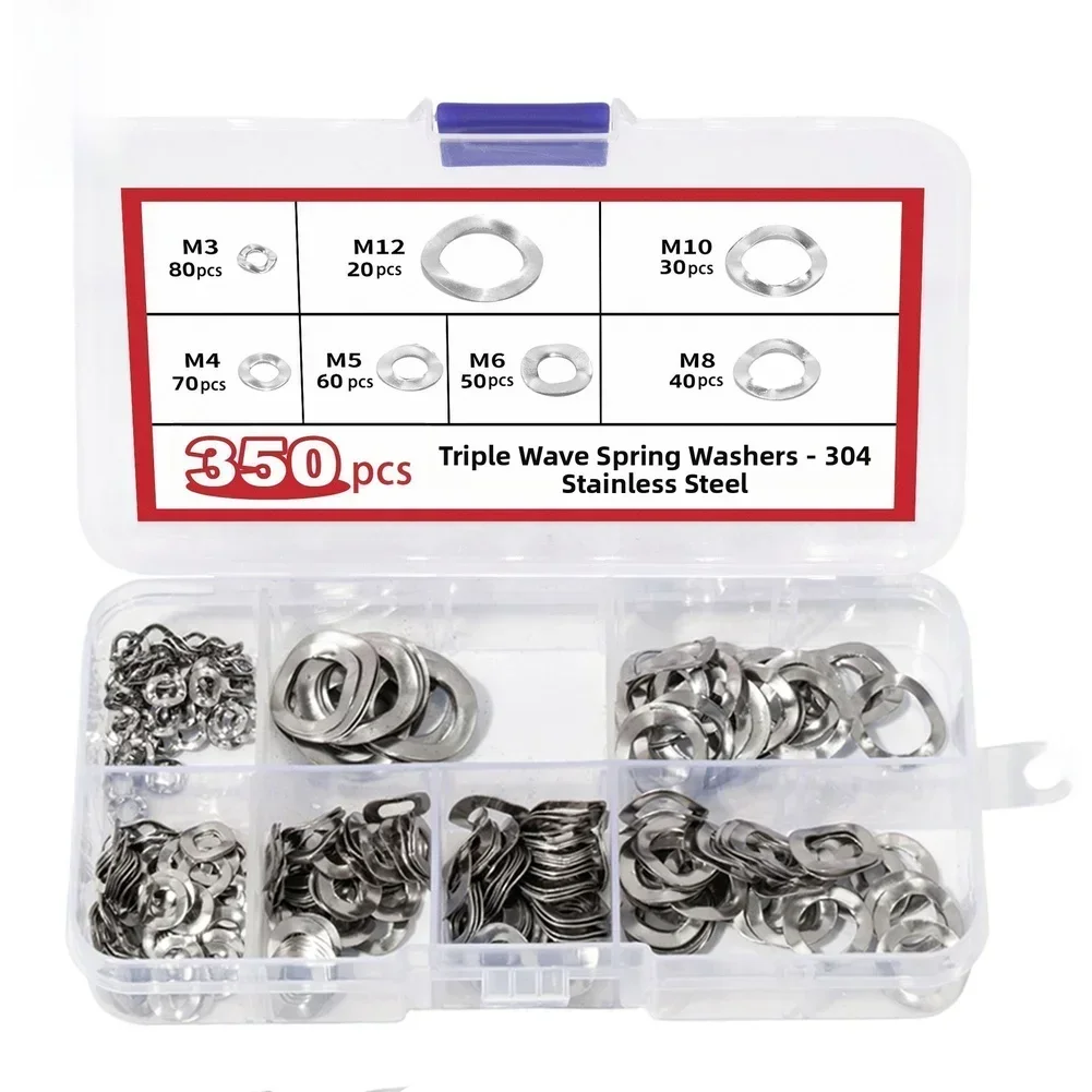 350pcs 304 Stainless Steel Three Wave Spring Washers M3-M12 Metal Gasket Sealing Plain Washers Spacer Shim For Bolts Screws