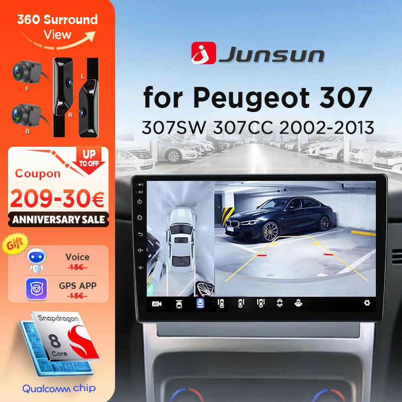 Junsun 360° Panoramic Camera 8-core Car Radio For Peugeot 307 307CC 307SW 2002-2013 Wireless CarPlay Android Auto GPS Navi 2 din