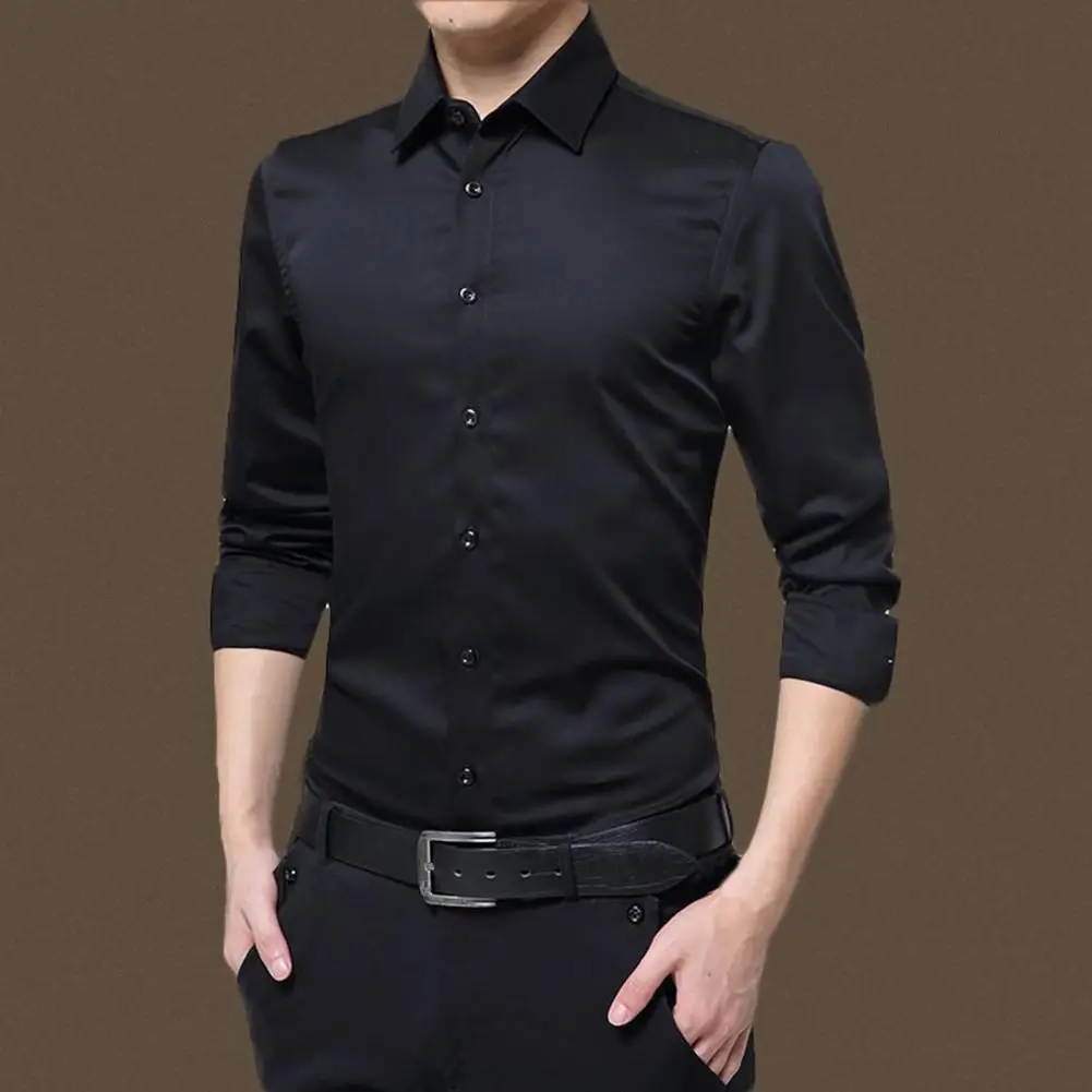 Men Long Sleeve Shirt Single-breasted Autumn Cardigan Solid Color Formal Business Slim Office Shirt Mens Dress Buttons Shirts