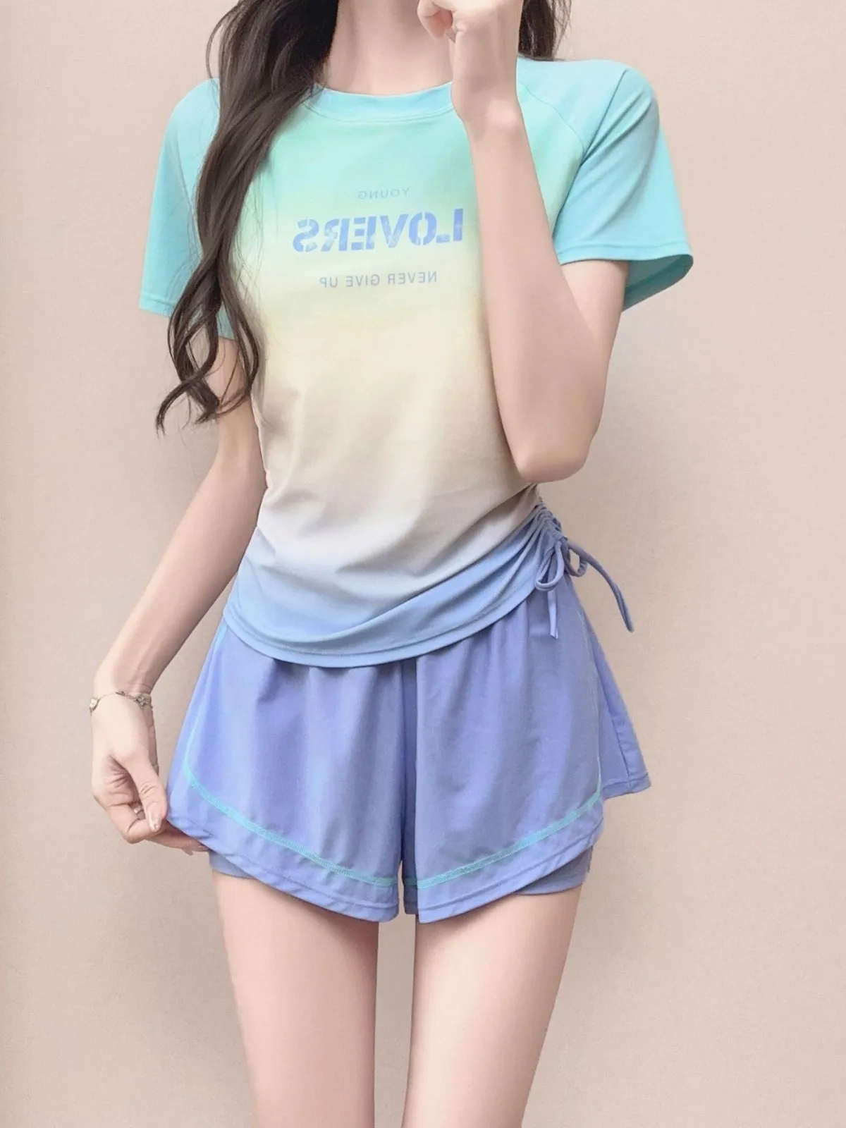 

Summer Women's Clothing Short Sleeve Tankini Swimsuit Set For Teen Girls Sporty Beach Vacation Wear Polyester Two Piece Bikini