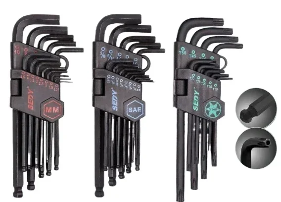 Long arm 36pcs inch / metric / torx ball end allen wrench hex key set