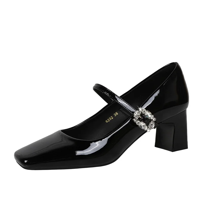 Banquet Mary Jane Women Single Shoes Square Toe Light Mouth Patent Leather One-Striped Rhinestone Buckle Thick Heel Medium Heel