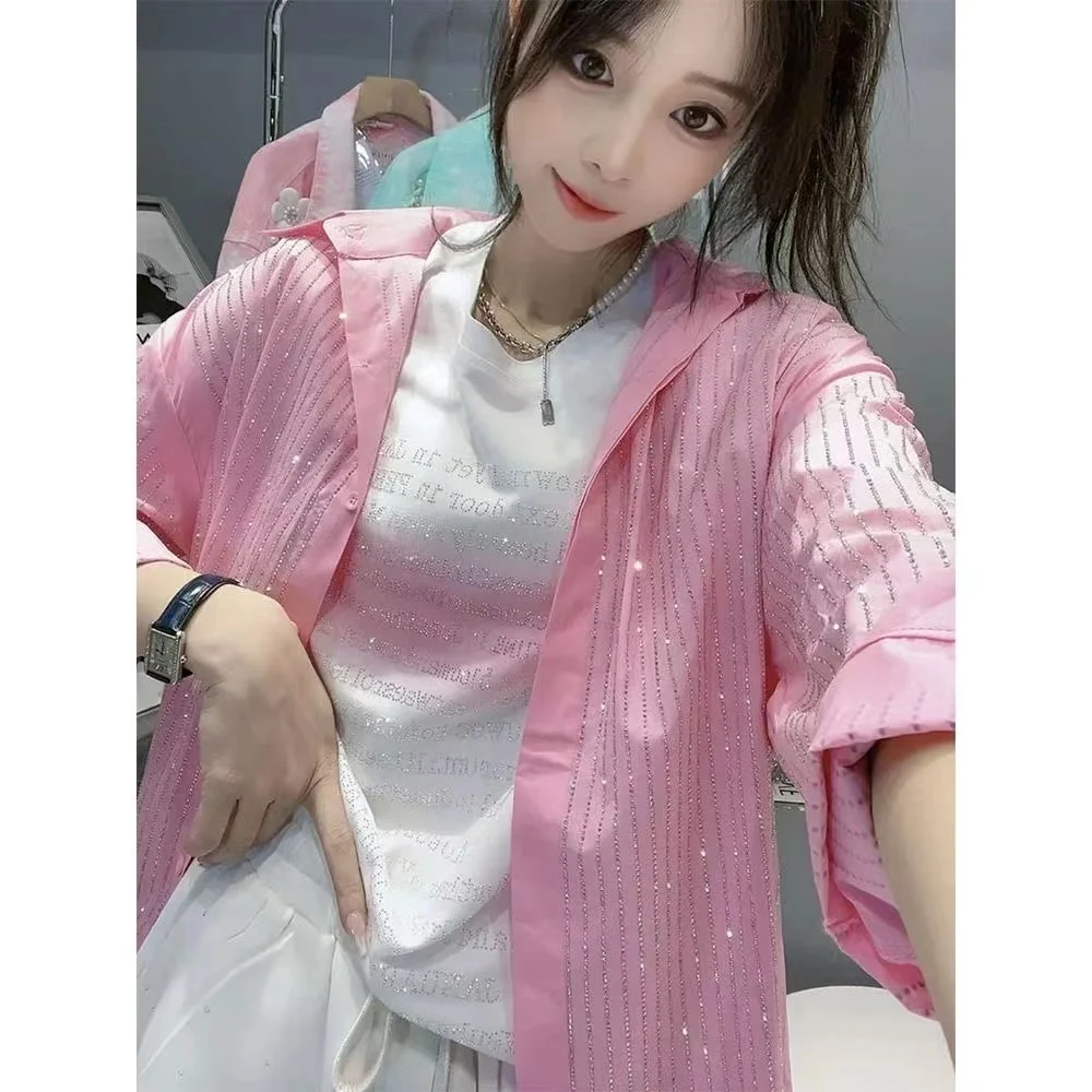 Blingbling Diamonds Hot Drilling Vertical Stripes Loose Casual Pink Shirts and Blouses For Women\'s Long Sleeve Top Blusas