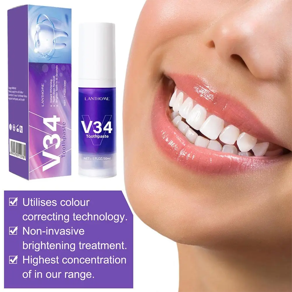 V34 Teeth Whitening Purple Toothpaste Remove Teeth Stain Fresh Whitening Breath Oral Corrector Brightening Care Color A8W3