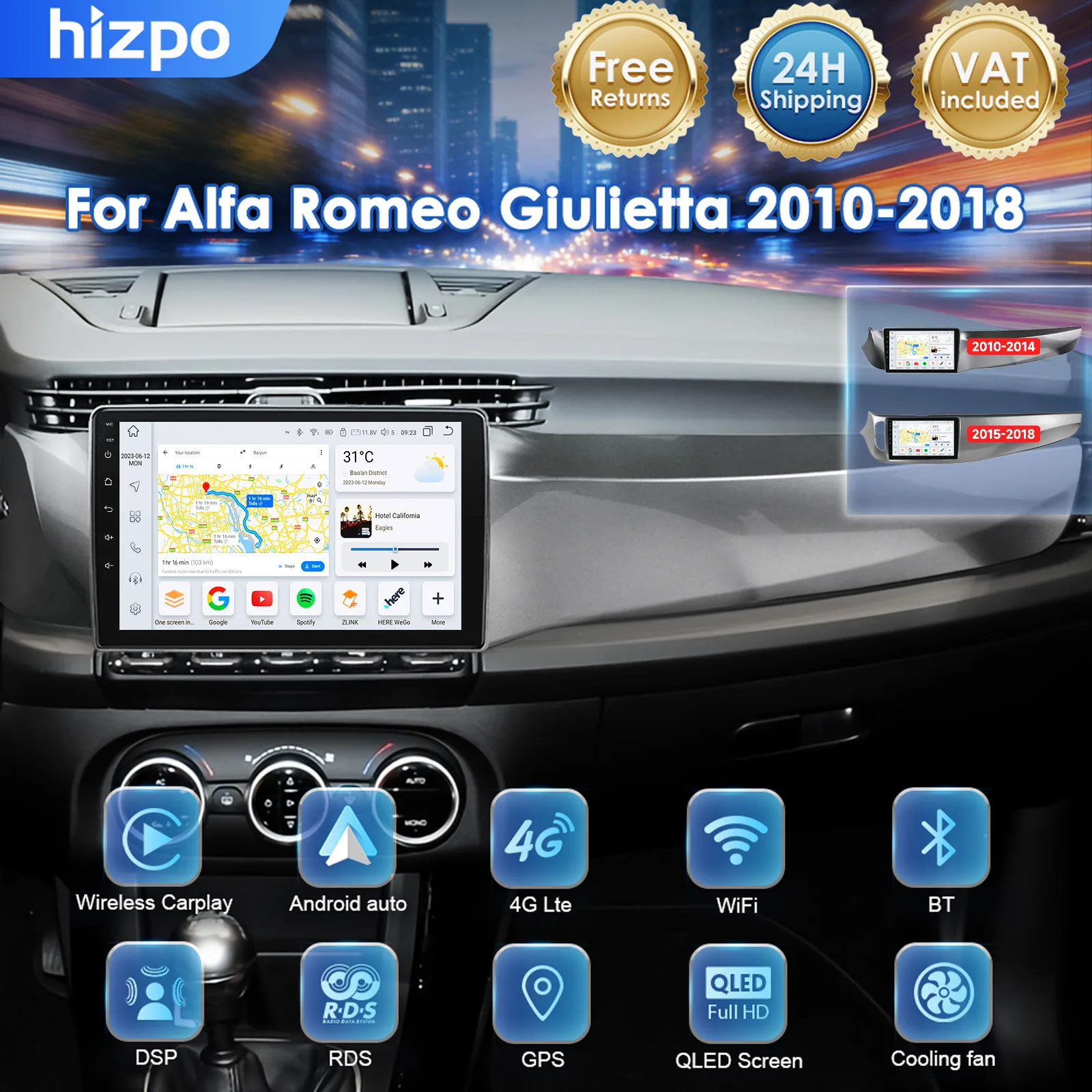 Hizpo Car Play per Alfa Romeo Giulietta 2010 - 2014 2015 - 2018 Schermo Monitor Multimediale Video Navigazione Stereo 2 Din GPS 7862