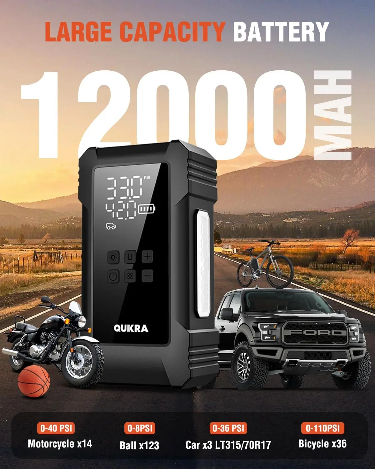 منفاخ إطارات NW08 هواء محمول بسعة بطارية 12000 مللي أمبير في الساعة، مضخة إطارات سيارة 4 × أسرع 150 رطل لكل بوصة مربعة لسيارات الدفع الرباعي والشاحنات والبيك اب #4
