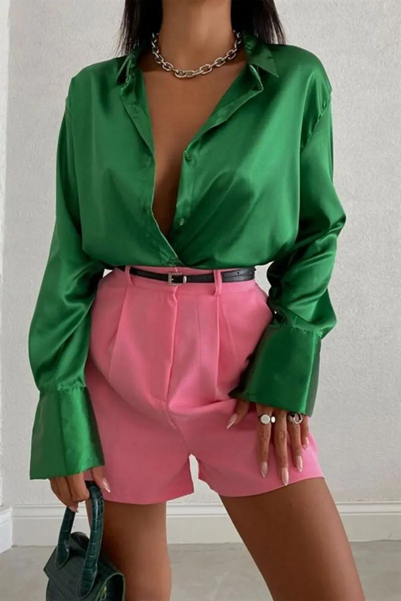 Frauen Grün Oversize Satin Hemd