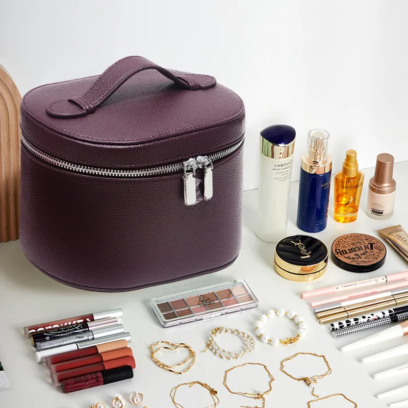 Leather Makeup Bag Portable Travel Toiletry Storage Bag Skincare Organizer Large Capacity  Lychee Pattern Cosmetic Case