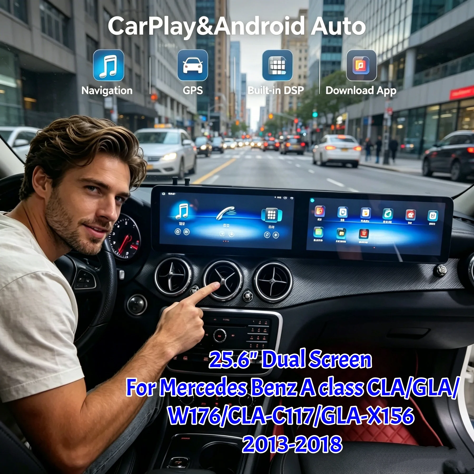 

Android AUTO 25.6" Dual Screen For Mercedes Benz A class W176 CLA-C117 GLA-X156 2013-2018 CarPlay GPS Navi Multimedia Player
