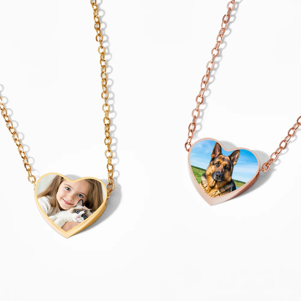 

Lemegeton Personalized Print Photo Necklace Stainless Steel Jewelry Single Sided Custom Logo Heart Pendant Family Memorial Gifts