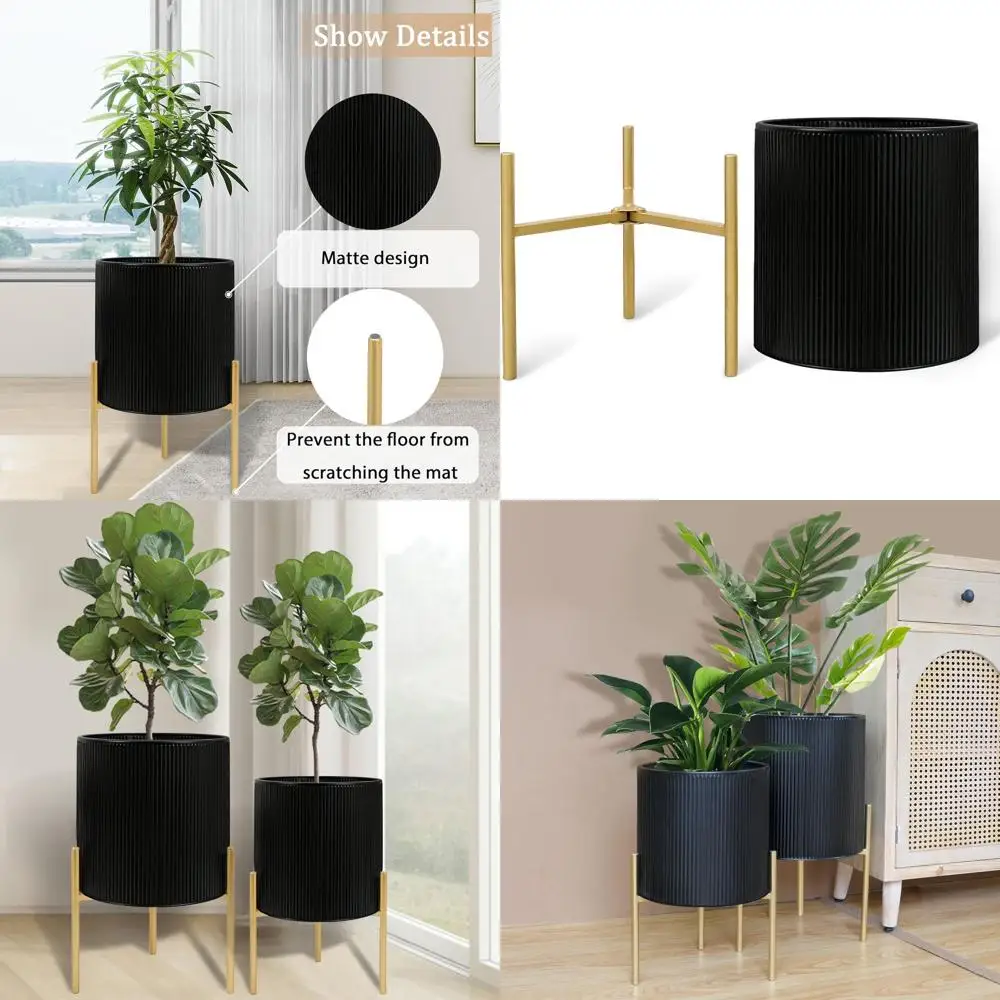 

Set of 2 Large Round Planters with Stand, Metal Pots for Living Room, Office, Garden, or Balcony, 10.5 & 12.25 Inch, Black & Gol