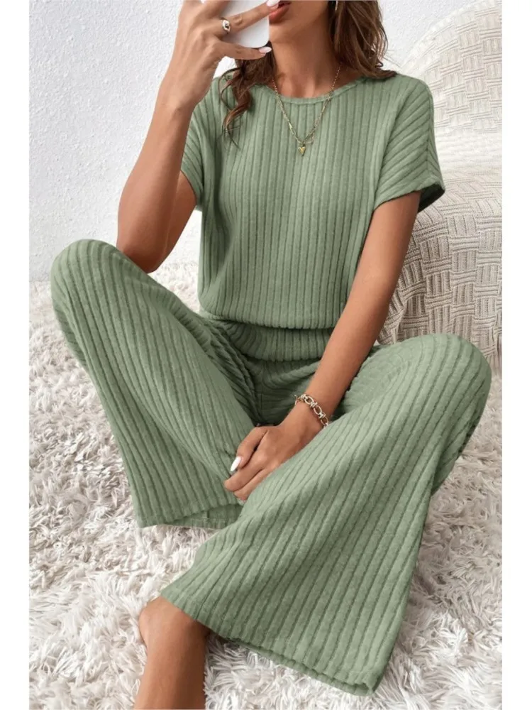 Simple Style Rib Knit Long Pants Suit Women Casual Short Sleeve T-shirt & Loose Trousers 2 Piece Sets Summer Autumn Women Set