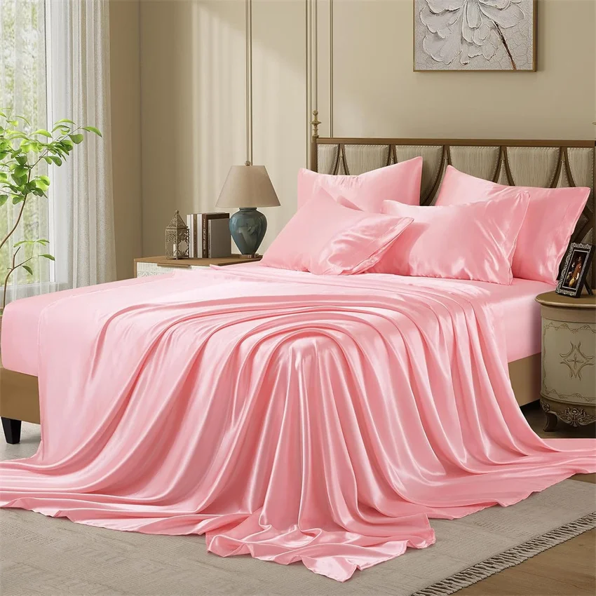 

4/6pcs Mulberry Silk Bed Sheet Sets Ultra Silky Soft Bedding Set High End Fitted and Flat Sheets Pillowcase Doble King Queen Bed