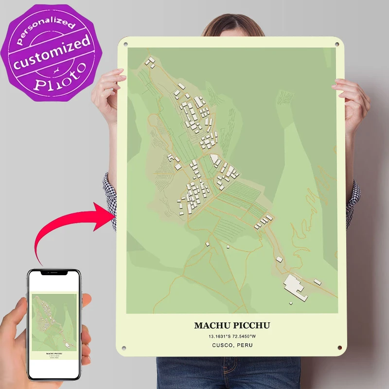 Machu Picchu Map Metal Poster Customized Wall Art Retro Vintage Tinplate Signs for Gamer Room Decoration At Home Coffee Bar Cozy