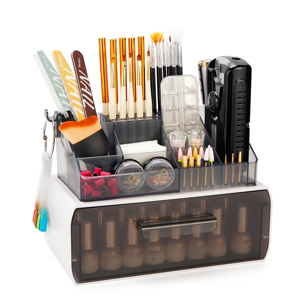 Acrylic Nail Polish Storage Rack with Drawer Large Capacity Nail Art Tools Organizer Desktop Cosmetic Display Rack for Nail Salon Home