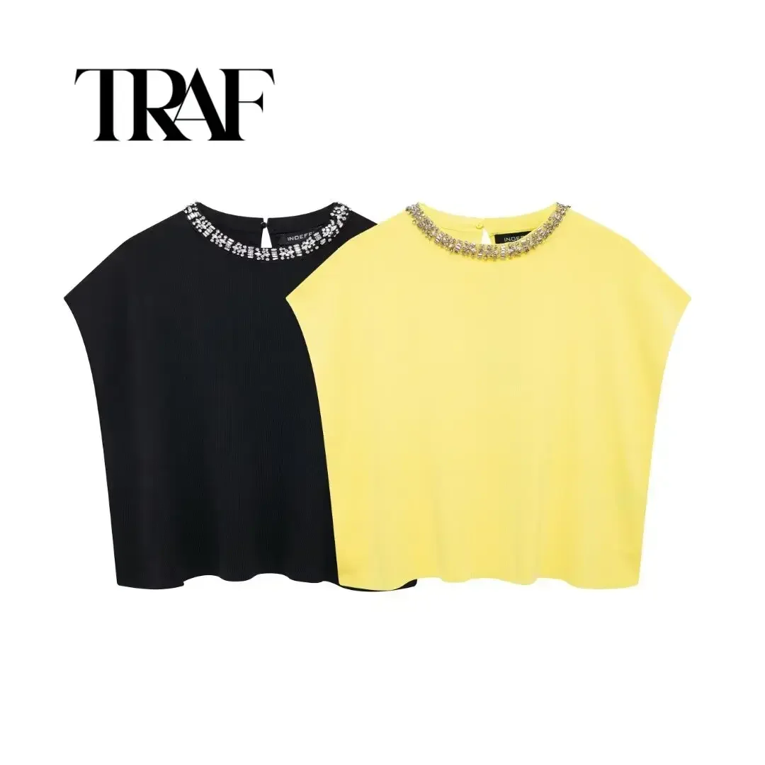 TRAF Women Fashion Solid Color Diamond Pullover Round Neck Knitted Sweater Vest Sweet Korean Clothing Chic Ladies Tops 3920/164