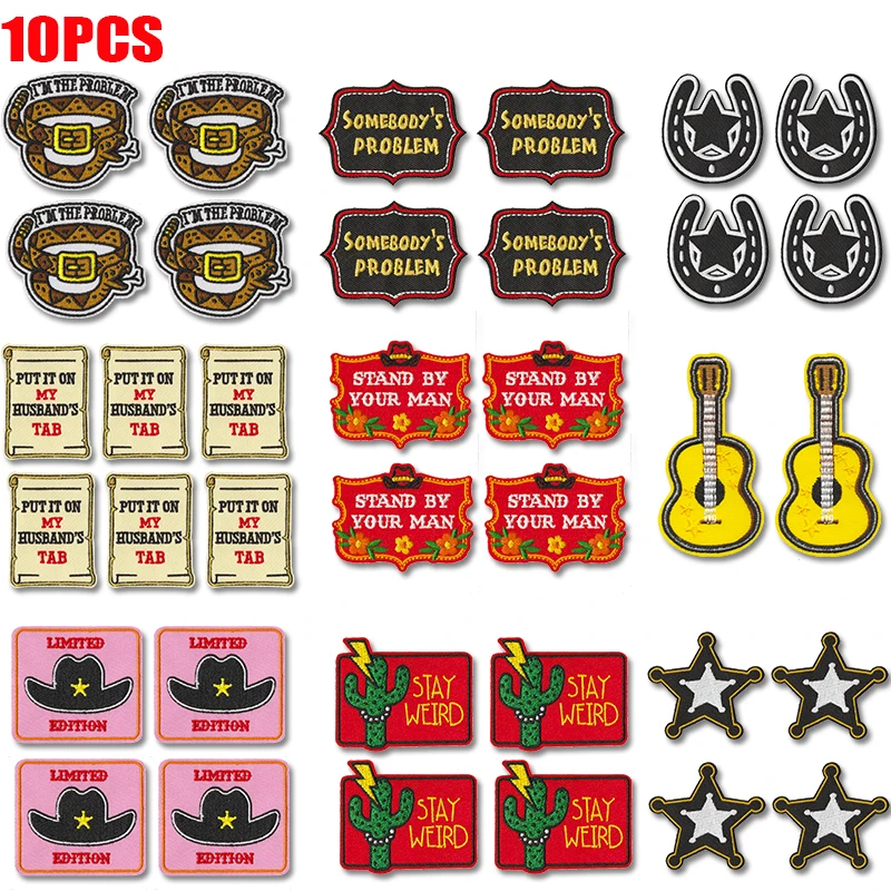 10PCS Western Cowboy Series Embroidered Patches Cartoon Letter Slogan Patch Iron On Patches For Clothing Hats Backpack Sew DIY