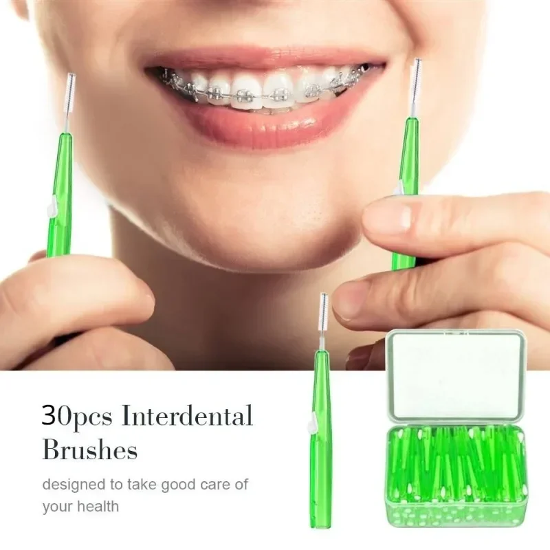 Cepillo Interdental de 0,6-1,5 Mm para limpieza entre dientes, cuidado bucal, ortodoncia, hilo Dental en forma de I, 30 unids/lote por caja