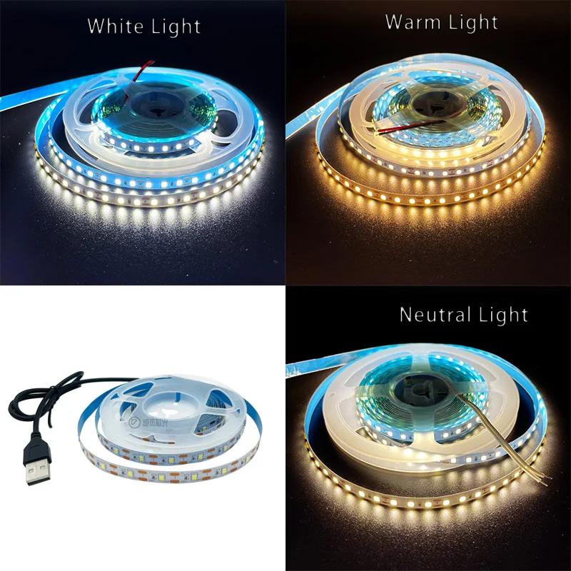 1-5M Dc 5V Usb Led Strips 2835 5Mm Wit Warm Wit Neutraal Wit Ledstrip Licht Tv Achtergrondverlichting Tape Home Decor Lamp