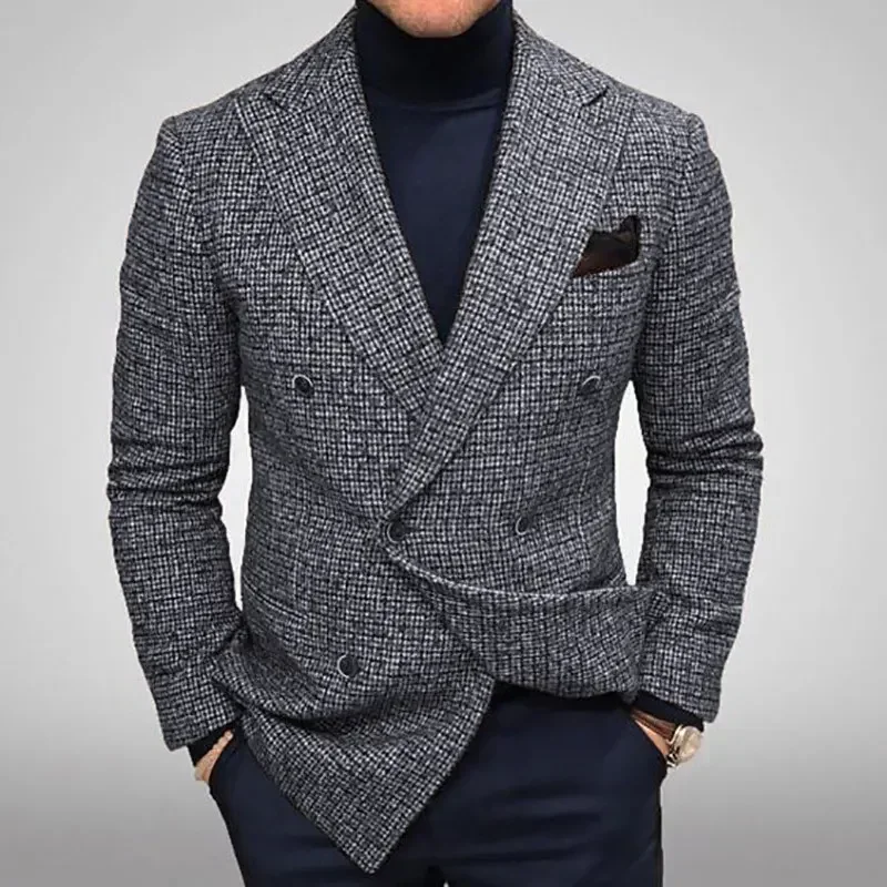 Spring Autumn Elegant Men\'s Jackets Knit Casual Business Men Blazer Slim Fit Fashion Versatile Checkered Long Sleeves Suit Coat