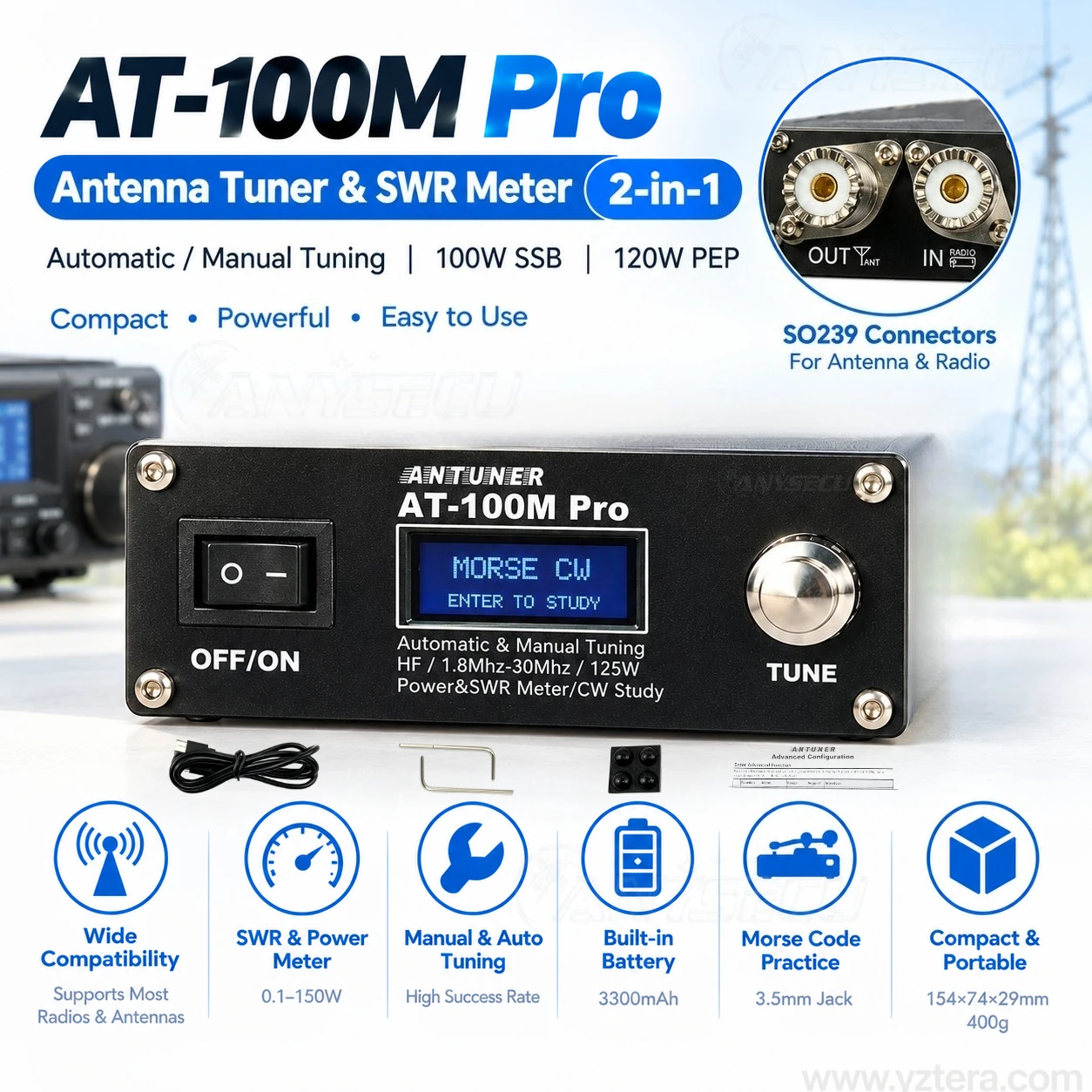 HF Antenna Tuner 100W 1.8-30MHz Automatic Manual Tuning SWR Power Meter Portable ATU 3300mAh Battery Morse Code Practice Radio
