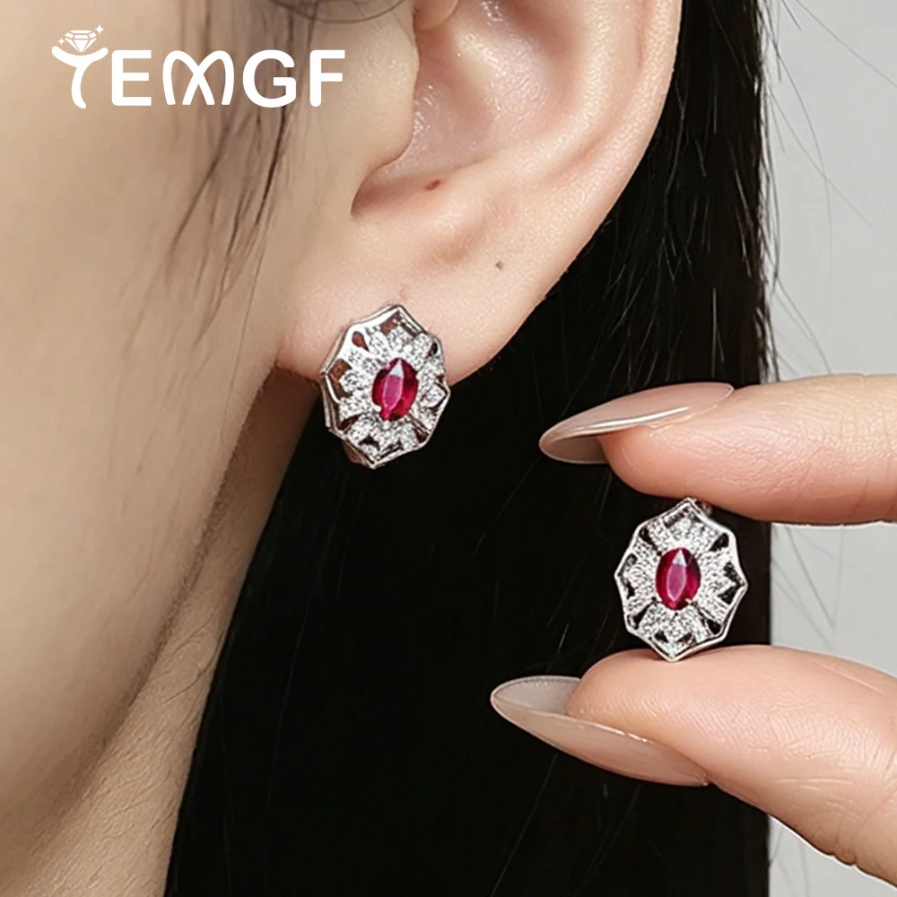 

S925 Sterling Silver Hoop Earring for Women 4*5mm Oval Cut Red/Green/Blue Zircon Elegant Vintage Ear Studs Party Jewelry Gifts