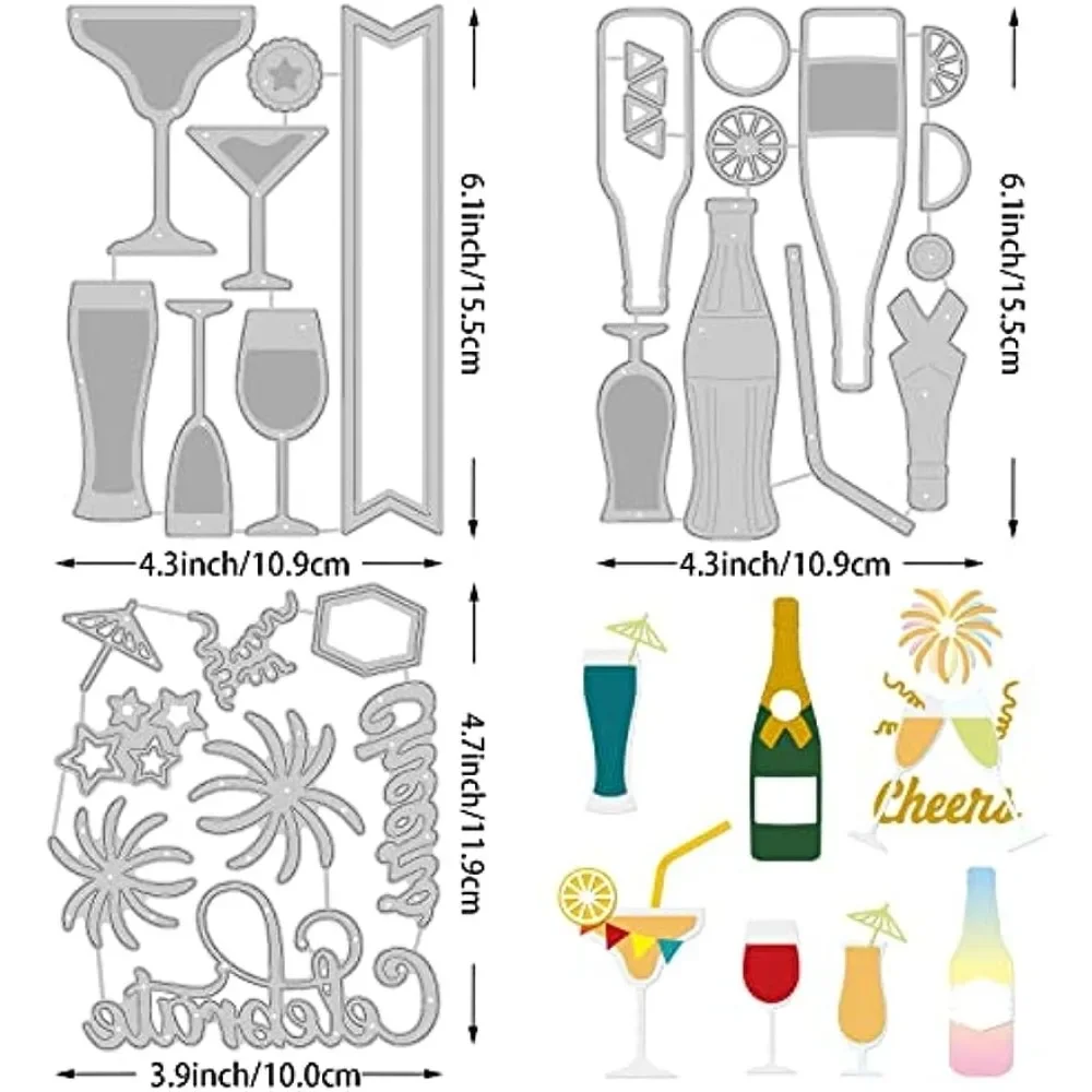 안경 및 병 절단 다이, 축하 엠보싱 스텐실 템플릿 다이 컷 세트, 카드 스크랩북 및 DIY 공예, 3 개