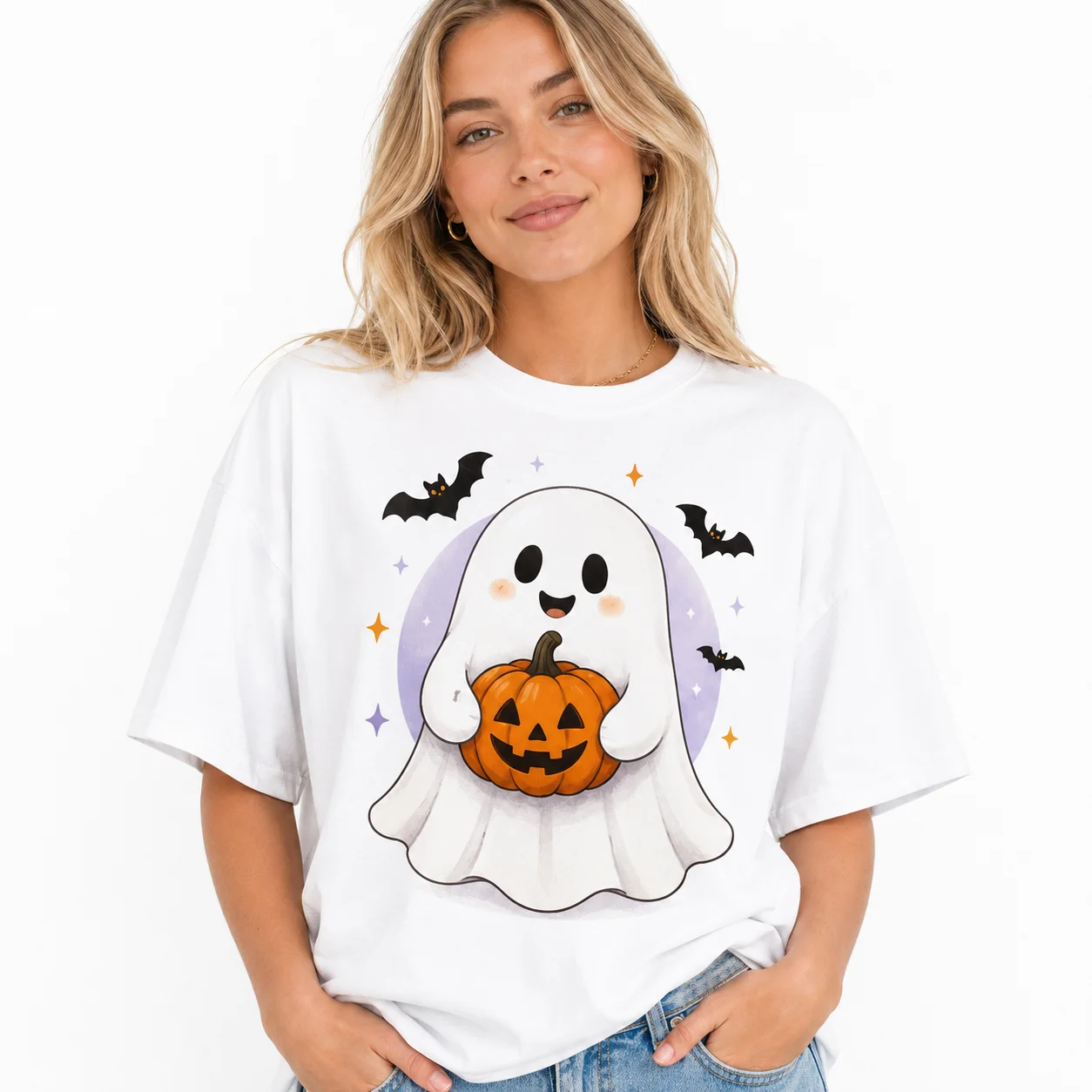 Halloween Cute Spooky T‑Shirt Unisex Fashion Short Sleeve Tees Ghost Holding Jack‑O‑Lantern Flying Bat Star Print Cotton Shirt