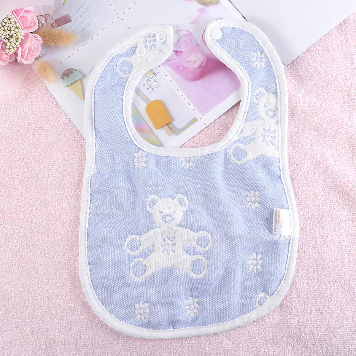 Bavoirs en forme d'ours bleu en forme de U pour bébé, vêtements confortables en coton doux avec fermeture à pression pour garçons et filles, nouveau-né