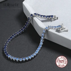 Pure 925 Silver Tennis Bracelet Pave 3 mm Montana Semi Precious Sapphire Mix Aqua Blue Cubic Zircon Fine Jewelry