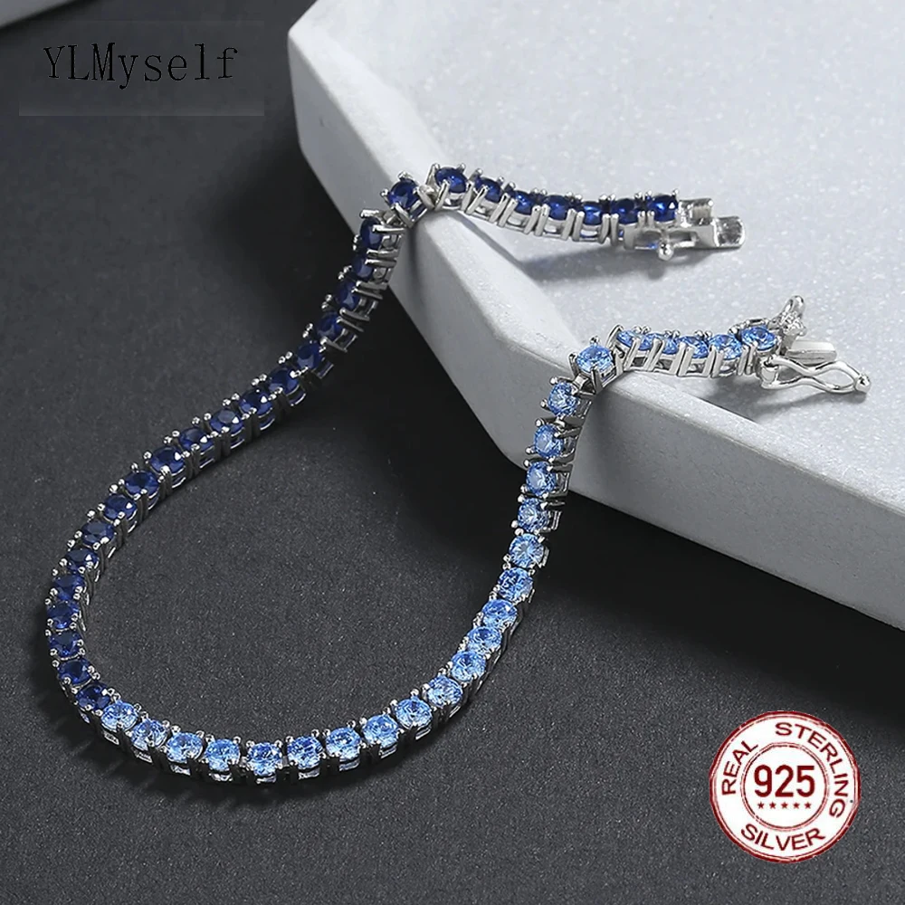 Bransoletka tenisowa z czystego srebra próby 925 Pave 3 mm Montana Półszlachetny szafir Mix Aqua Blue Cubic Zircon Fine Jewelry