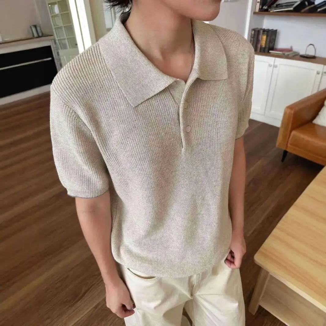 Herren-Kurzarm-T-Shirt 2025, Herbst-Strickpullover aus Baumwolle, neuer Luxus-Preppy-Stil, entspannt, atmungsaktiv, kurzärmelig, Basisschicht
