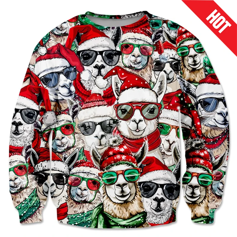 Funny Alpaca Sweatshirts Men Pullovers Christmas Sweater 3D Unisex Round Collar Long Sleeve Sweaters Cool Kids Fashion Hoodies