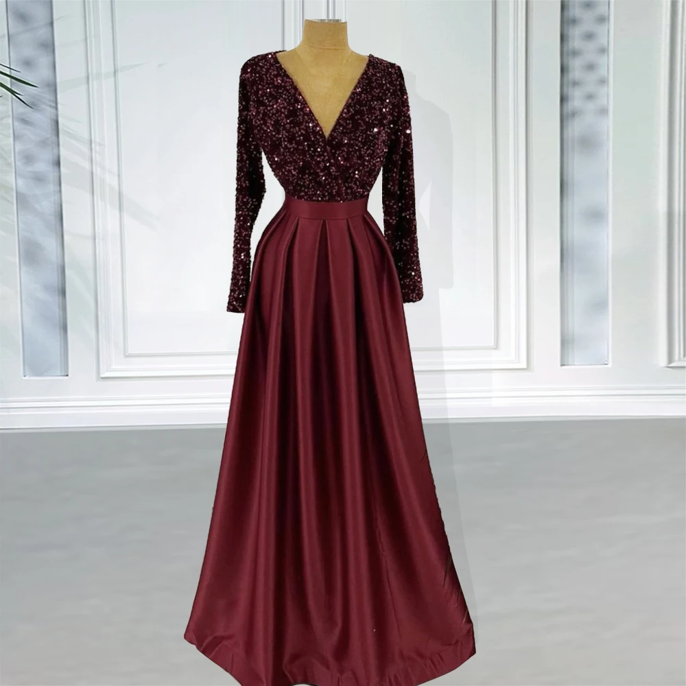 Robe de soirée élégante pour femmes, en Satin, paillettes, col en V, manches longues, robes de bal et de mariage formelles, 2022