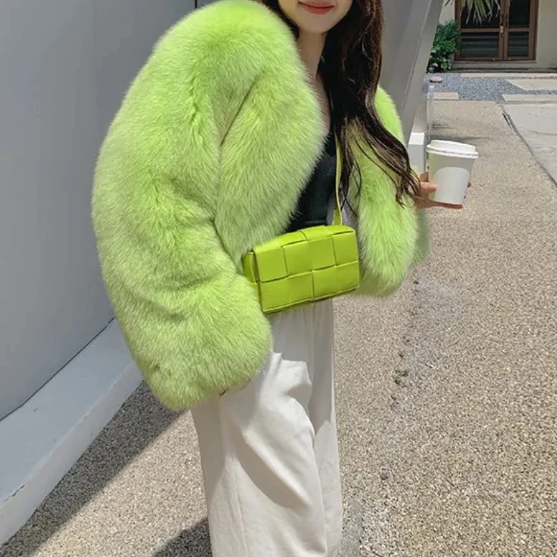 여성 숏 코트 인조 여우털 Y2K 스트리트웨어 두꺼운 따뜻한 코트 아우터웨어 봄 자켓 가을 겨울 오픈 스티치 2025 자켓