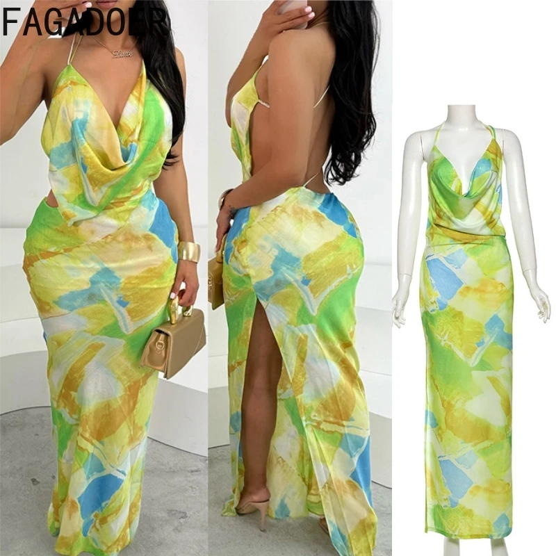 

FAGADOER Y2K Sexy Multicolour Printing Bodycon Dress Women Spaghetti Strap Sleeveless Backless Dresses Female Nightclub Vestidos