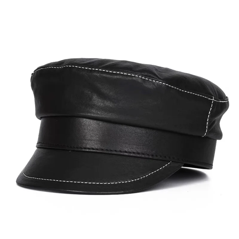 Hat Women Men Military Caps Black Real Leather studentsr Hats Flat Female Adjustable Autumn Winter Captain Caps Navy Hat