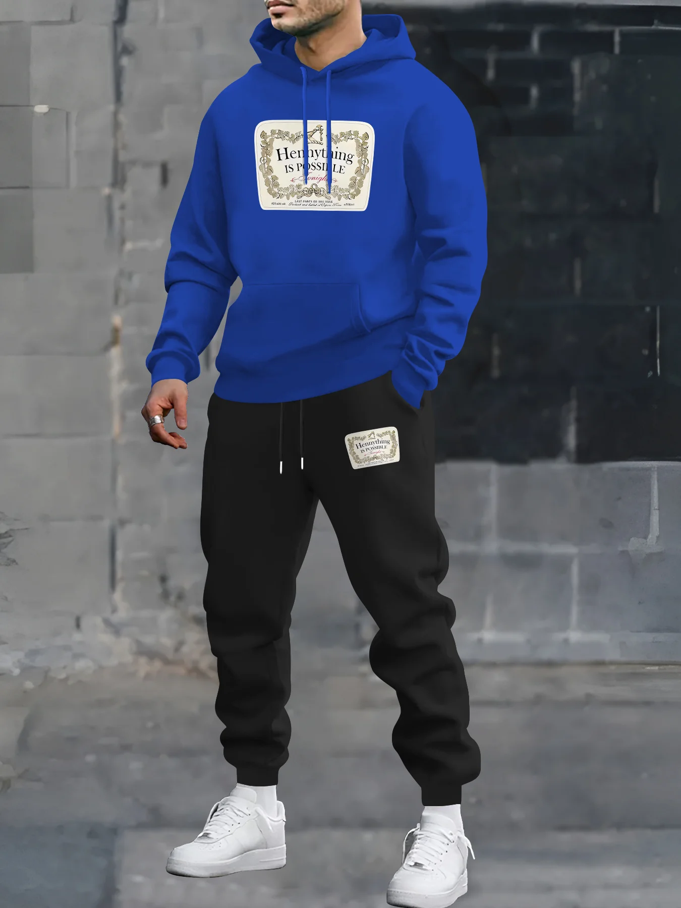 Men Anything Is Possible Vintage Label Print Tracksuit 2‑Piece Set Pullover Hoodie +Drawstring Jogger Pants Casual Street Outfit