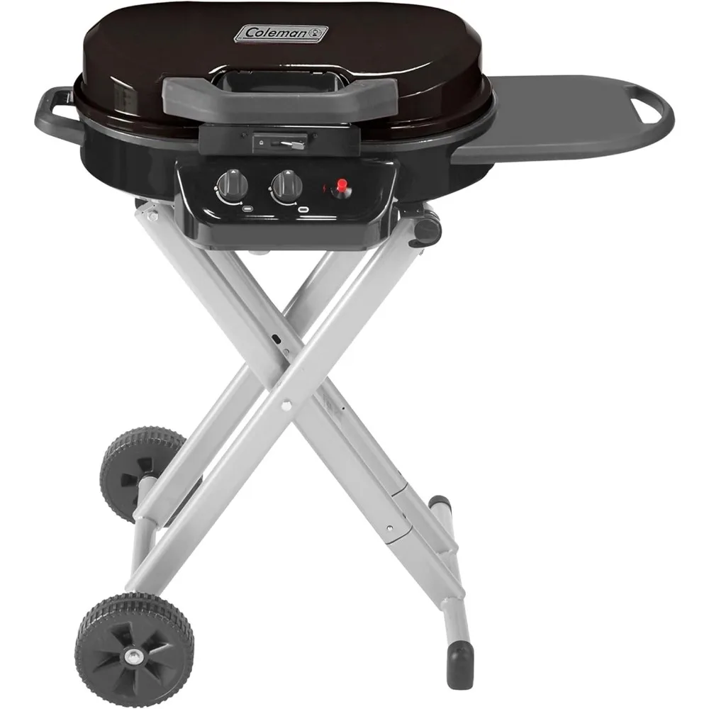 Portable Stand-Up Propane Grill, Gas Grill with Push-Button Starter, Folding Legs & Wheels, Side Table