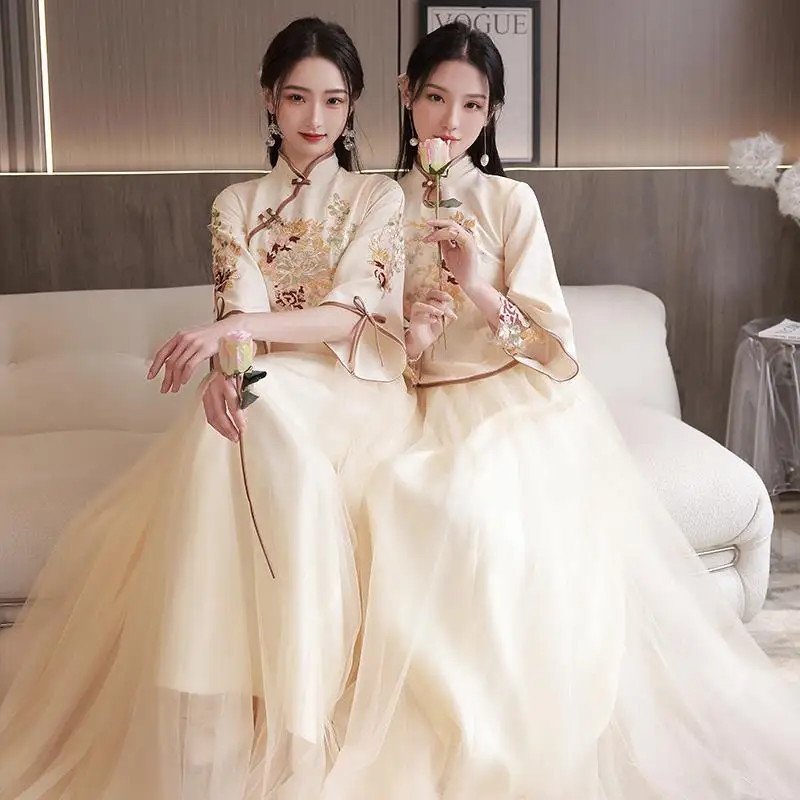 

Chinese Wedding Bridesmaid Dress 2023 New Spring Sister Group Champagne cheongsam Women Hanbok ao dai vietnam Qipao For Women