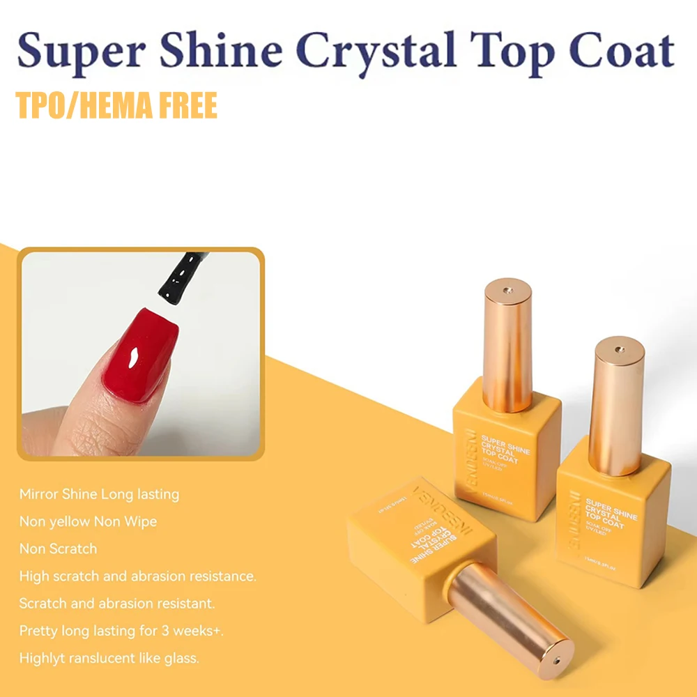 Vendeeni TPO HEMA FREE Super Shine Crystal Top Coat Gel Nail Polish Semi Permanent UV Soak Off Gel Varnish High Gloss Top Coat