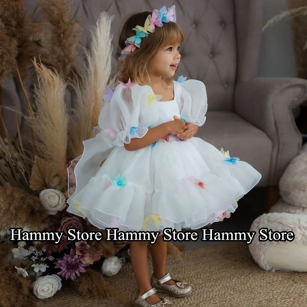 

Cute Flower Girl Dress Little Girl Party Gown for Birthday Short Sleeves Square Neck Colorful Butterfly First Communion Dresses