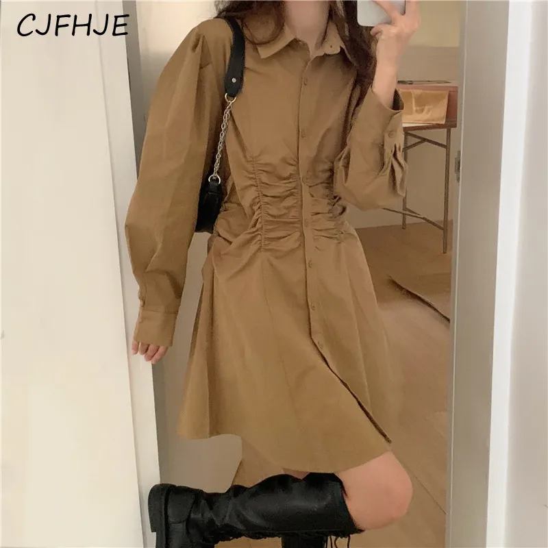 CJFHJE elegante vestido de camisa branca para mulheres, coreano One Piece Dobras, mini vestido casual fino, vestidos de festa, Y2K Design, novo, outono