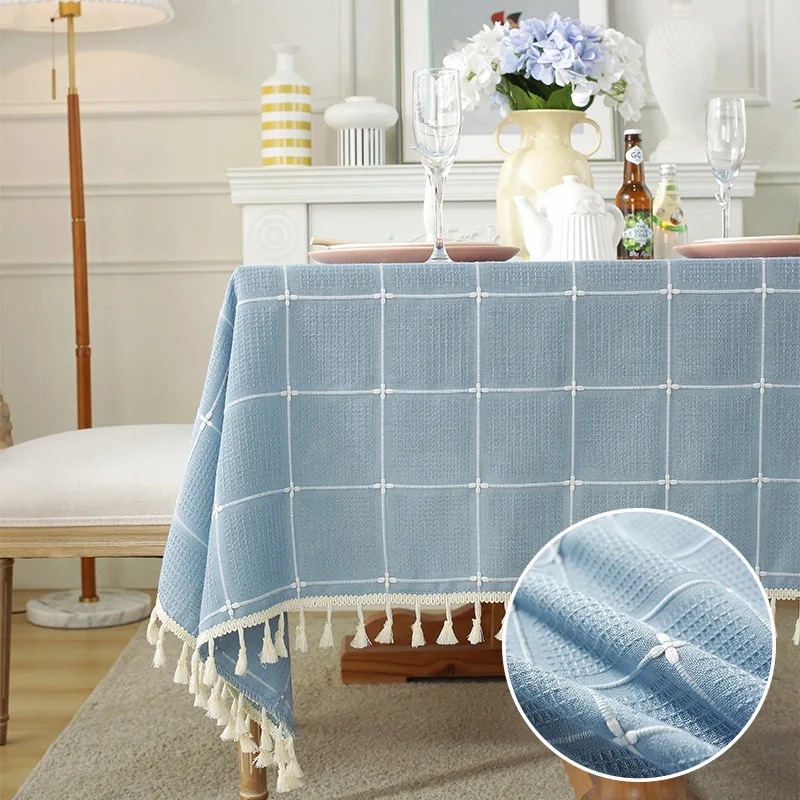 

Plaid Waffle Fabric Table Cloth Rectangle Grid Tablecloth Decorative Table Cover With tassels Oil-Proof Dust-Proof Waterproof