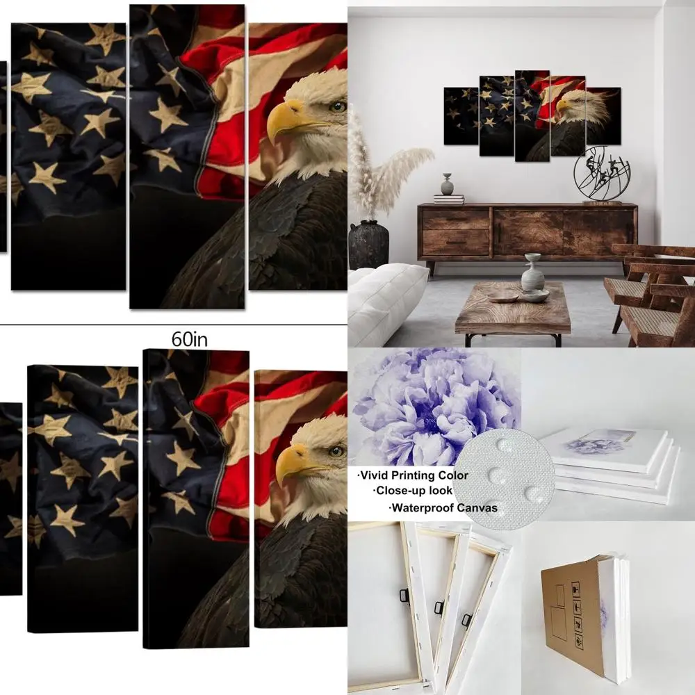 

American Flag Canvas Art for Men's Room - 5-Piece Patriotic Wall Decor Set, 60x32 Inches
