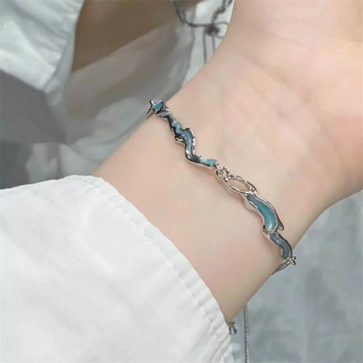 Light Luxury Blue Wave Shaped Bracelet Elegant Pink Zircon Cherry Blossom Flower Bowknot Star Moon Bangle For Women Men Jewelry