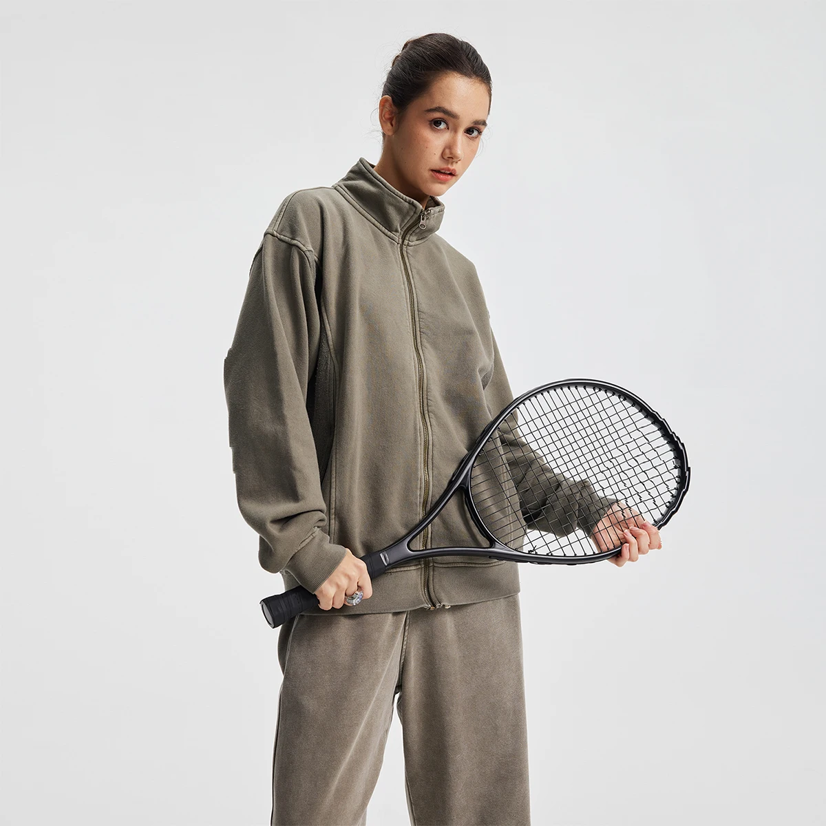 2025 Autumn Winter Stand Up Collar Distressed Zipper Sweatshirt Oversized Washed Zip Up Pullovers Men Outwear Streetwear Y2k