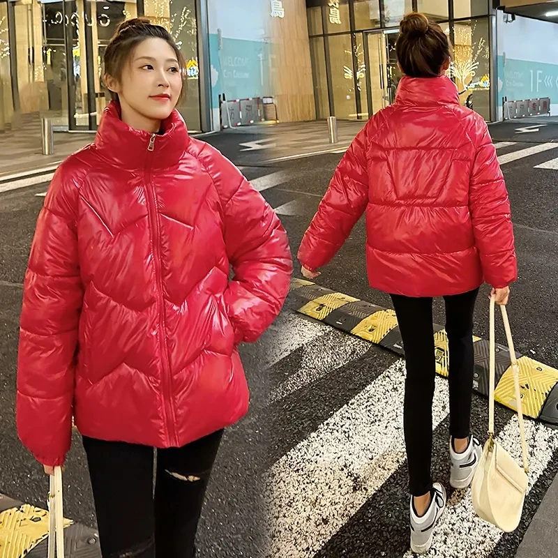 Women 2023 New Winter Color Loose Padded Jacket Bright Face Detachable Sleeves Hooded Stand-up Collar Down Bread Padded Jacket