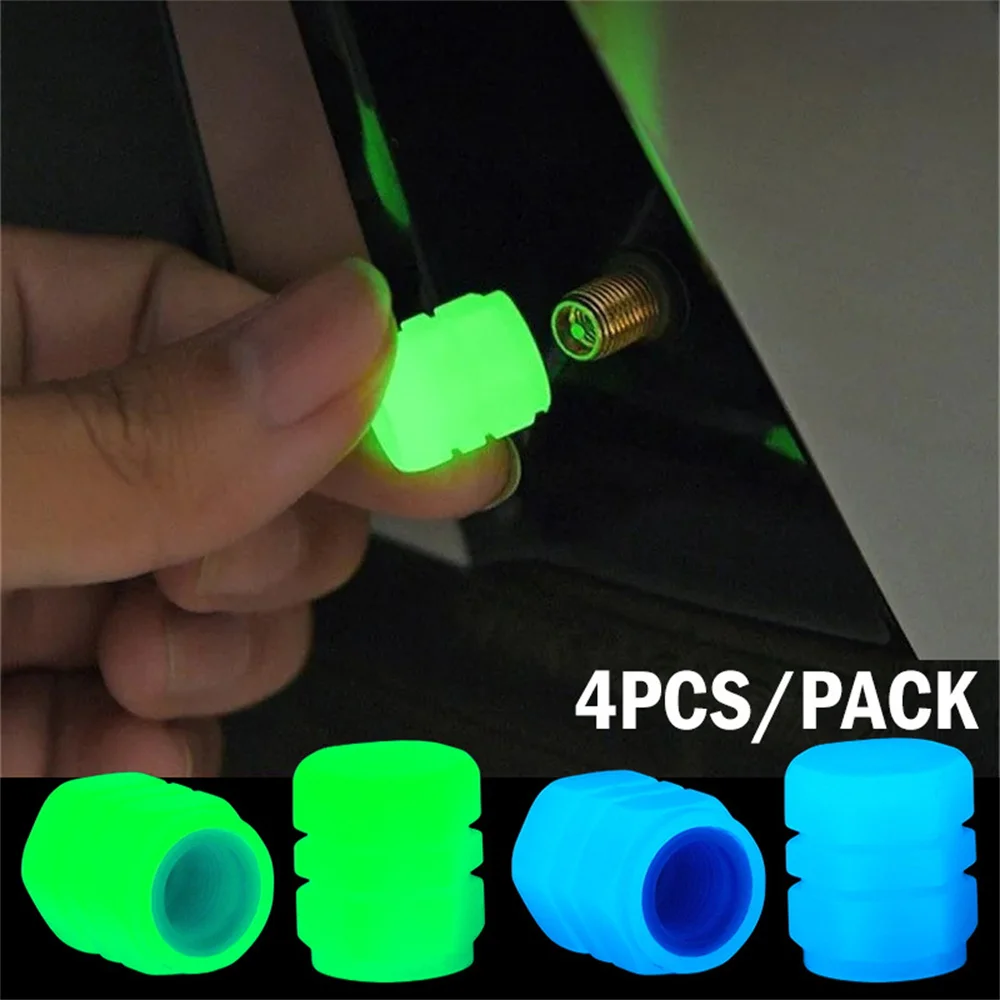 1/ 4pcs Car Luminous Tire Valve Caps Fluorescent Night Glowing Motorcycle Bicycle Bike Wheel Tyre Hub Valve Stem Caps Decor