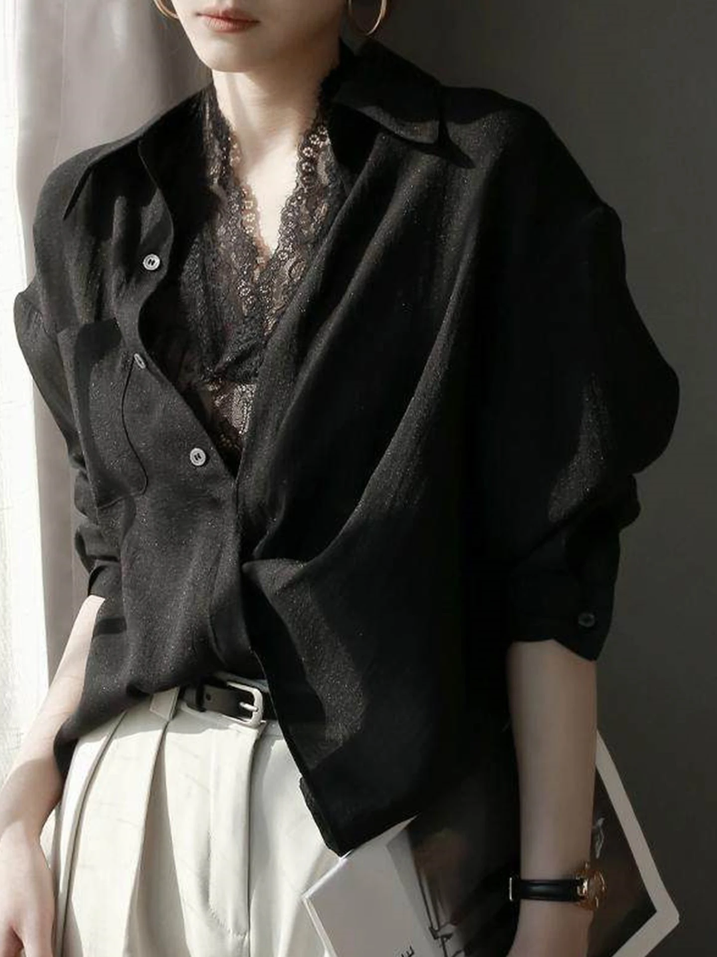 

Fashionable Unique Design Long Sleeve Shirt Versatile Light Maturity Style Korean Version Straight Cut Button up Pure Color